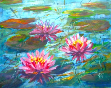 Painting titled "Water-lily Floral O…" by Elena Ivanova, Original Artwork, Acrylic Mounted on Cardboard