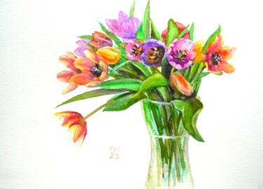 Картина под названием "Tulips Flowers Orig…" - Elena Ivanova, Подлинное произведение искусства, Акварель