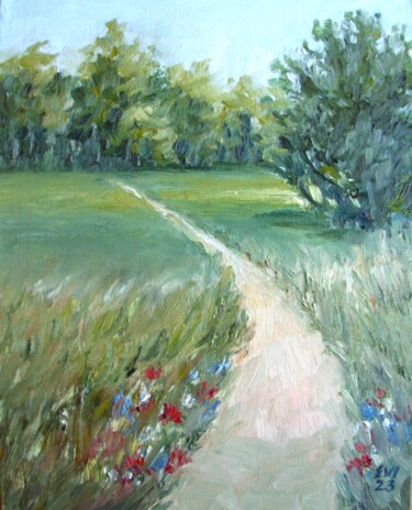 Painting titled "Summer day Landscap…" by Elena Ivanova, Original Artwork, Oil Mounted on Cardboard