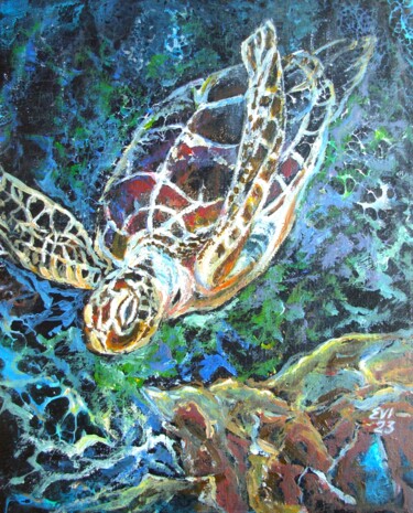 Painting titled "Turtle Seascape Ori…" by Elena Ivanova, Original Artwork, Acrylic Mounted on Cardboard