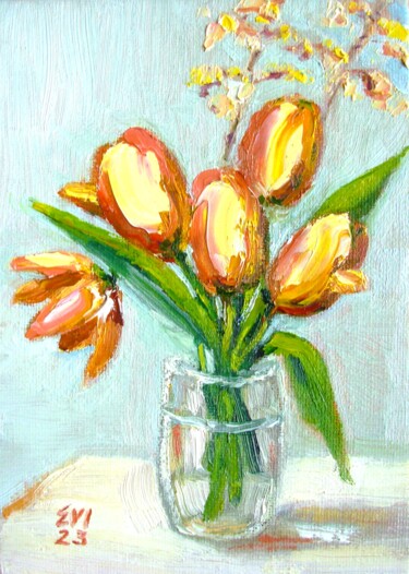 Peinture intitulée "Tulips Flowers Orig…" par Elena Ivanova, Œuvre d'art originale, Huile Monté sur Carton