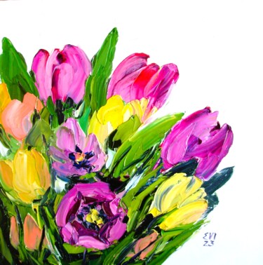 Картина под названием "Tulips Flower Origi…" - Elena Ivanova, Подлинное произведение искусства, Масло Установлен на картон