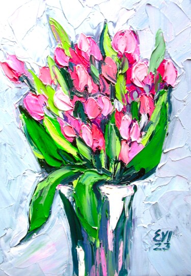 Painting titled "Tulips Floral Origi…" by Elena Ivanova, Original Artwork, Oil Mounted on Cardboard