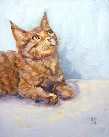 Painting titled "Ginger cat Animal O…" by Elena Ivanova, Original Artwork, Oil Mounted on Cardboard