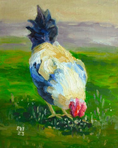 Painting titled "Rooster Bird Origin…" by Elena Ivanova, Original Artwork, Oil Mounted on Cardboard