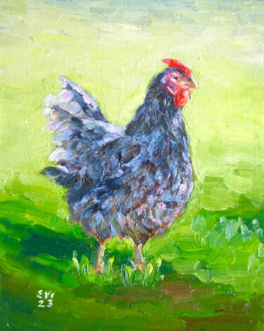Painting titled "Chicken Bird Origin…" by Elena Ivanova, Original Artwork, Oil Mounted on Cardboard