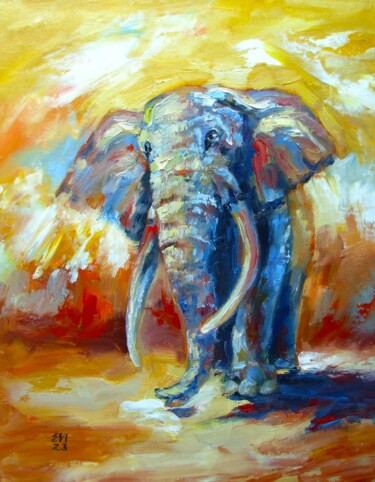 Картина под названием "Elephant Animal Ori…" - Elena Ivanova, Подлинное произведение искусства, Масло