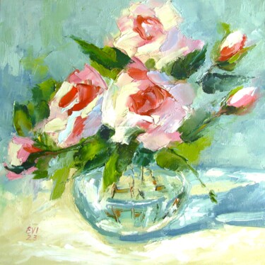 Peinture intitulée "Roses in vase Flowe…" par Elena Ivanova, Œuvre d'art originale, Huile Monté sur Carton