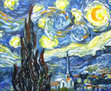 Painting titled "STARRY NIGHT OIL PA…" by Elena Ivanova, Original Artwork, Oil Mounted on Cardboard