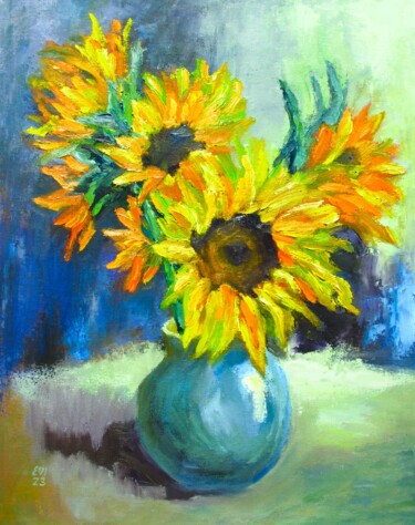Картина под названием "Sunflowers Floral O…" - Elena Ivanova, Подлинное произведение искусства, Масло Установлен на картон
