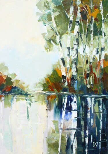 Картина под названием "Birch trees Landsca…" - Elena Ivanova, Подлинное произведение искусства, Масло Установлен на Деревянн…