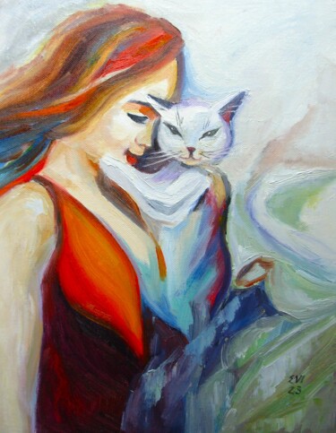 绘画 标题为“Girl with cat Portr…” 由Elena Ivanova, 原创艺术品, 油 安装在纸板上