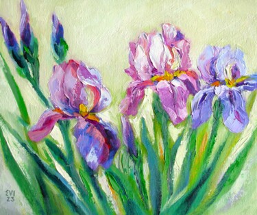 Картина под названием "Irises Floral Origi…" - Elena Ivanova, Подлинное произведение искусства, Масло Установлен на картон