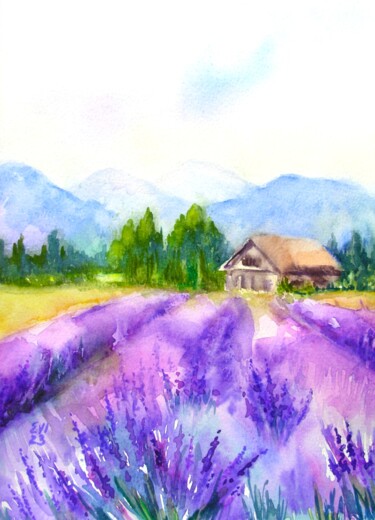 Pintura titulada "Lavender field Land…" por Elena Ivanova, Obra de arte original, Acuarela