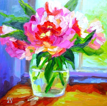 Картина под названием "Pink peony in vase…" - Elena Ivanova, Подлинное произведение искусства, Масло Установлен на картон