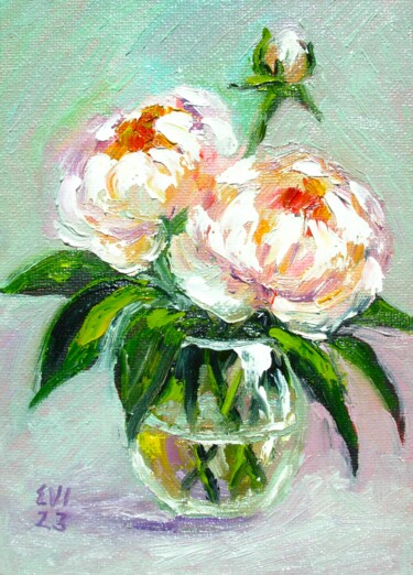 Картина под названием "Peonies in vase Flo…" - Elena Ivanova, Подлинное произведение искусства, Масло Установлен на картон