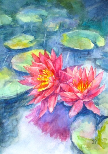 Painting titled "Water-lilies Floral…" by Elena Ivanova, Original Artwork, Watercolor