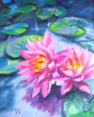 Painting titled "Water-lilies Floral…" by Elena Ivanova, Original Artwork, Oil Mounted on Cardboard