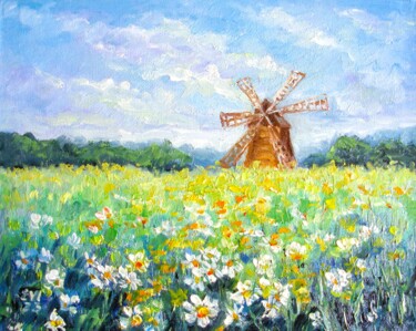 Painting titled "Meadow Landscape Or…" by Elena Ivanova, Original Artwork, Oil Mounted on Cardboard