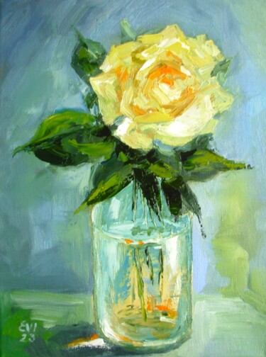 Painting titled "Yellow rose Floral…" by Elena Ivanova, Original Artwork, Oil Mounted on Wood Stretcher frame