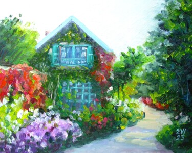 Painting titled "Summer House Landsc…" by Elena Ivanova, Original Artwork, Oil