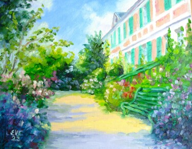 Painting titled "Summer House Landsc…" by Elena Ivanova, Original Artwork, Oil Mounted on Cardboard