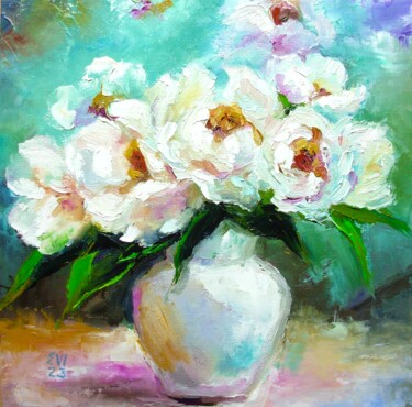 Картина под названием "White peonies in va…" - Elena Ivanova, Подлинное произведение искусства, Масло Установлен на картон