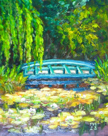 Painting titled "Water-lilies pond L…" by Elena Ivanova, Original Artwork, Oil Mounted on Cardboard