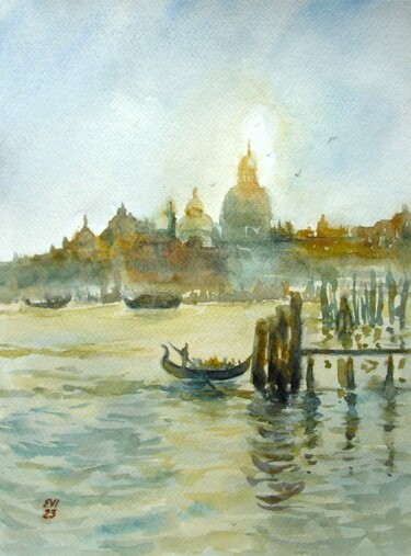 Pintura intitulada "Venice Cityscape Or…" por Elena Ivanova, Obras de arte originais, Aquarela