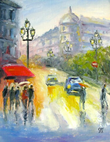 Painting titled "Paris Cityscape Ori…" by Elena Ivanova, Original Artwork, Oil Mounted on Cardboard