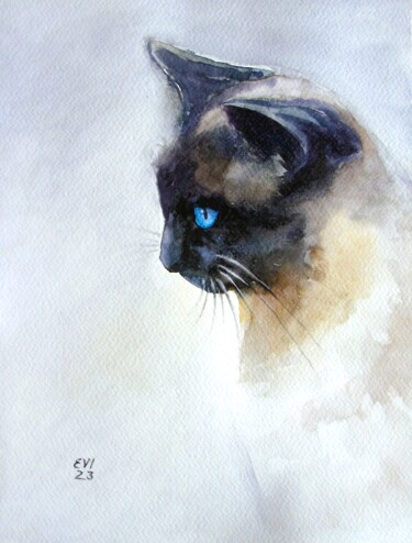Pittura intitolato "Siamese cat Animal…" da Elena Ivanova, Opera d'arte originale, Acquarello