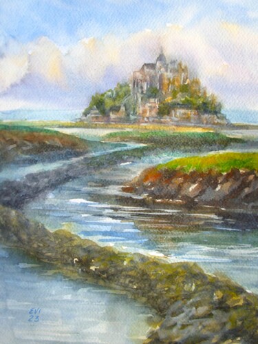 Painting titled "Castle Landscape Or…" by Elena Ivanova, Original Artwork, Watercolor