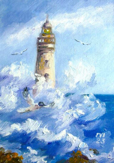 Painting titled "Light House Seascap…" by Elena Ivanova, Original Artwork, Oil Mounted on Cardboard