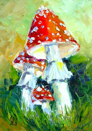 Malerei mit dem Titel "Fly Agarics Mushroo…" von Elena Ivanova, Original-Kunstwerk, Öl Auf Karton montiert