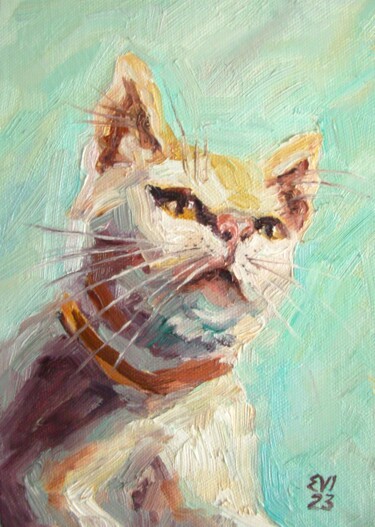 Cat in hat Animal Original oil painting canvas board 8x10 inches Painting  by Elena Ivanova