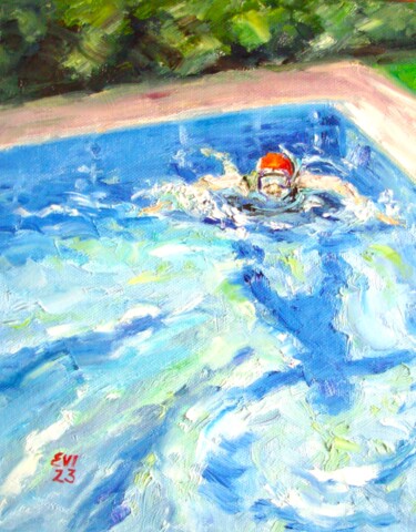 Pittura intitolato "Summer joy in swimm…" da Elena Ivanova, Opera d'arte originale, Olio Montato su Cartone