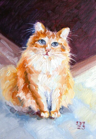Painting titled "Ginger fluffy cat A…" by Elena Ivanova, Original Artwork, Oil Mounted on Cardboard