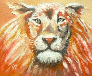 Painting titled "Lion Animal Origina…" by Elena Ivanova, Original Artwork, Oil Mounted on Cardboard