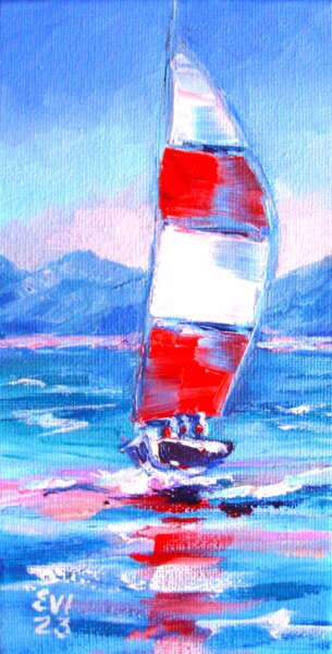 Painting titled "Yacht 3 of 3 Seasca…" by Elena Ivanova, Original Artwork, Oil Mounted on Wood Stretcher frame