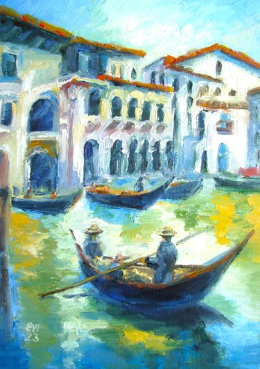 Peinture intitulée "Venice Cityscape  O…" par Elena Ivanova, Œuvre d'art originale, Huile Monté sur Carton