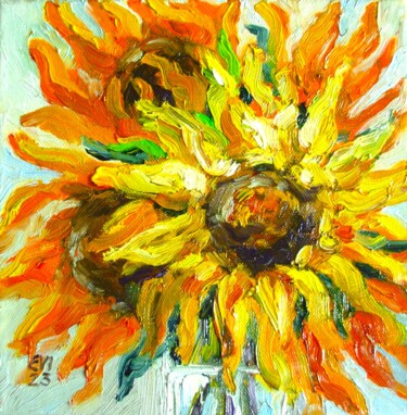 Картина под названием "Sunflowers in vase…" - Elena Ivanova, Подлинное произведение искусства, Масло Установлен на Деревянна…