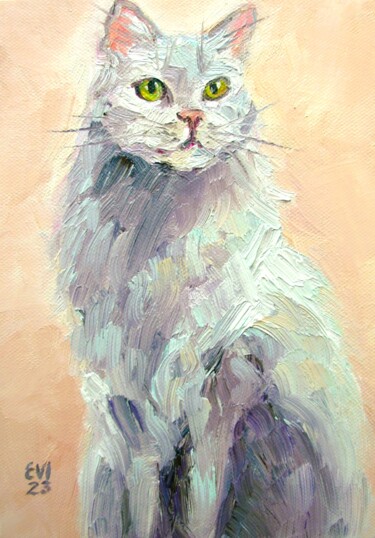 Painting titled "White cat Animal Or…" by Elena Ivanova, Original Artwork, Oil Mounted on Cardboard