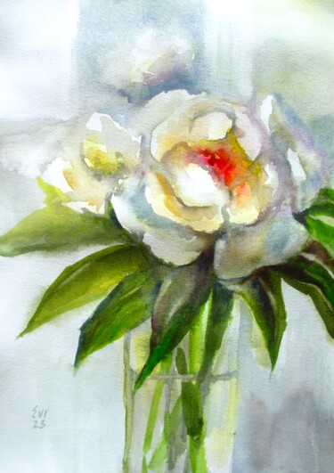 Painting titled "White peony Floral…" by Elena Ivanova, Original Artwork, Watercolor