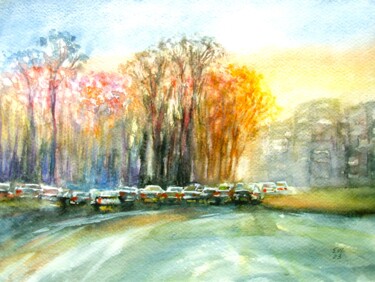 Painting titled "Sunset in city City…" by Elena Ivanova, Original Artwork, Watercolor