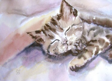 Schilderij getiteld "Sweet dreams Cat An…" door Elena Ivanova, Origineel Kunstwerk, Aquarel