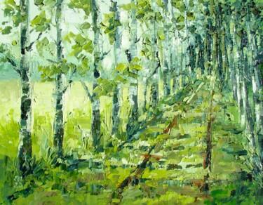 Painting titled "Birch trees alley L…" by Elena Ivanova, Original Artwork, Oil Mounted on Cardboard
