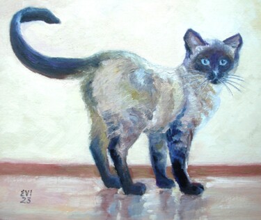 Pittura intitolato "Siamese cat Animal…" da Elena Ivanova, Opera d'arte originale, Olio Montato su Cartone
