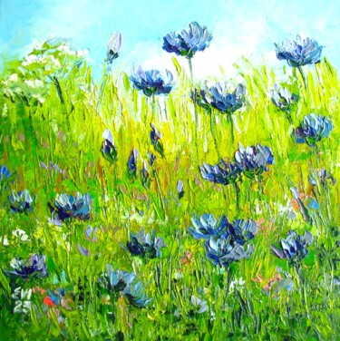 Картина под названием "Cornflowers in mead…" - Elena Ivanova, Подлинное произведение искусства, Масло Установлен на Деревянн…