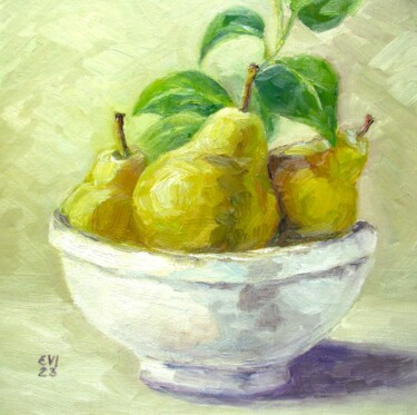 Painting titled "Pears in bowl Still…" by Elena Ivanova, Original Artwork, Oil Mounted on Wood Stretcher frame