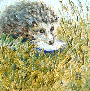 Painting titled "Hedgehog Animal Ori…" by Elena Ivanova, Original Artwork, Oil Mounted on Wood Stretcher frame